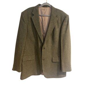 Oscar De La Renta green herring bone lams wool blazer sz 46L single vent 2 butto